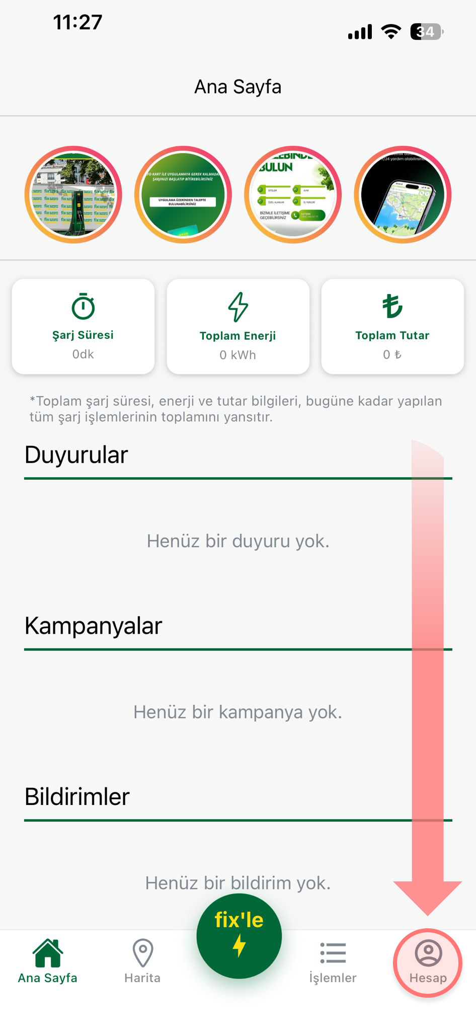 FixCharge hesap silme adım 01: “Hesap” Sekmesine Dokunun