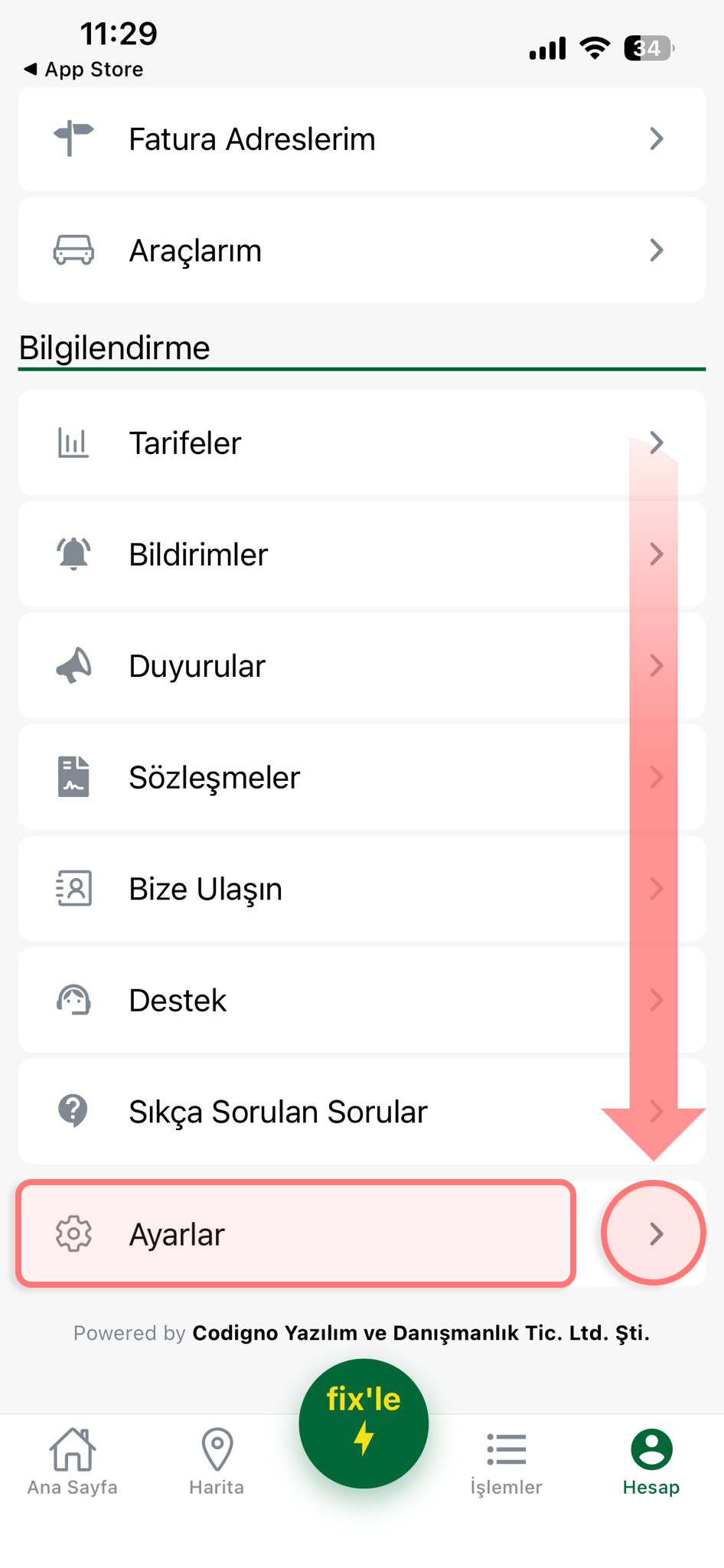 FixCharge hesap silme adım 02: “Ayarlar” Bölümünü Açın