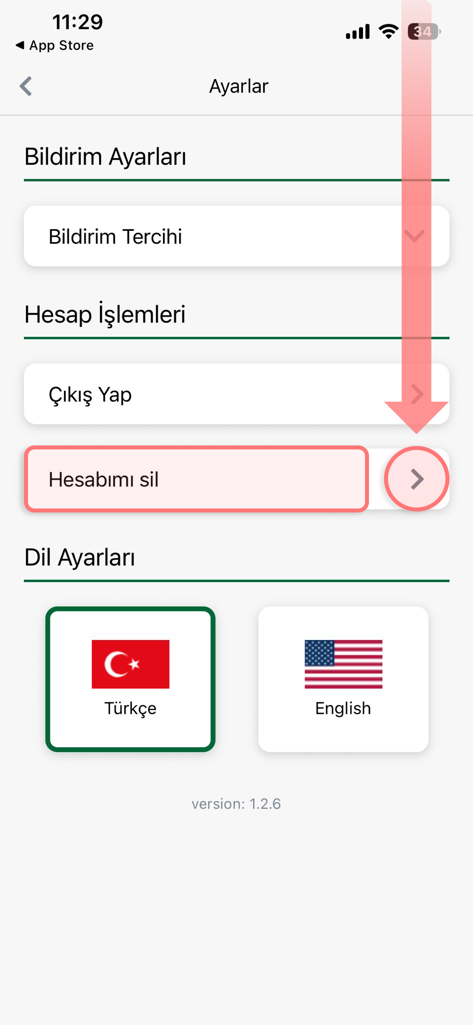 FixCharge hesap silme adım 03: “Hesabımı Sil” Seçeneğine Dokunun