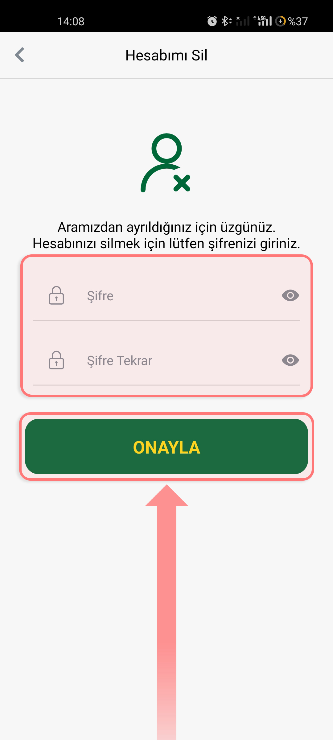 FixCharge hesap silme adım 05: Şifrenizi Girin ve Onaylayın